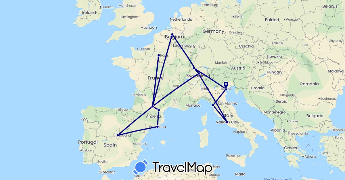 TravelMap itinerary: driving in Belgium, Switzerland, Spain, France, Italy, Vatican City (Europe)